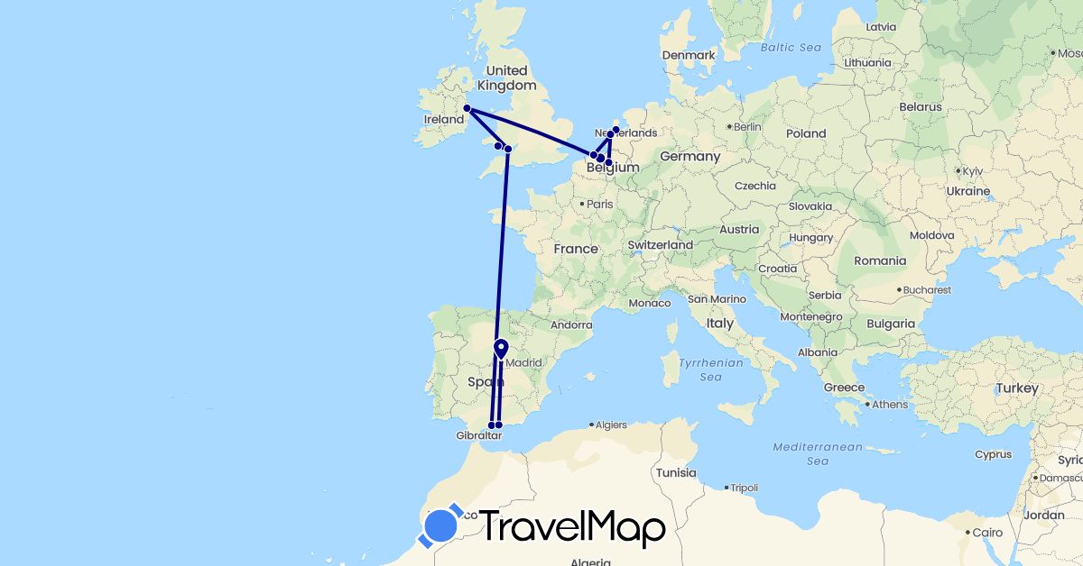 TravelMap itinerary: driving in Belgium, Spain, United Kingdom, Ireland, Netherlands (Europe)